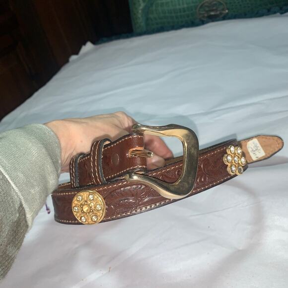 JILL STUART VINTAGE 80’s TOOLED LEATHER BELT WITH JEWELS - WESTERN GLAM! - Picture 8 of 16